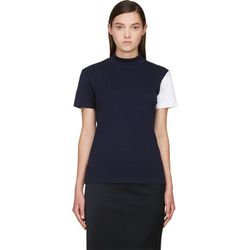 <b>Jacquemus</b> t-shirt, <a href="https://www.ssense.com/women/product/jacquemus/navy-white-color-blocked-sleeve-t-shirt/115370">$74</a>