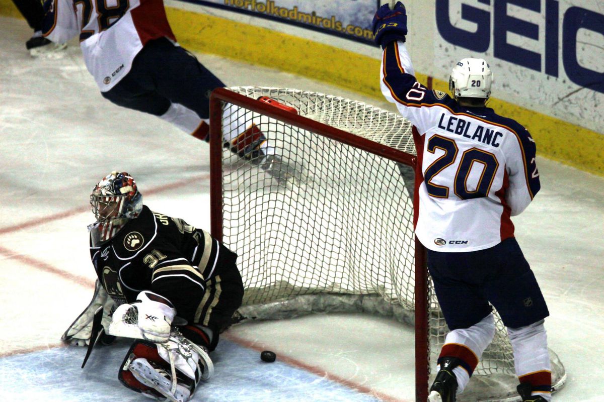 Louis Leblanc celebrates Antoine Laganiere's goal, the fourth in an Admrials' shut-out win over the Hershey Bears April 3, 2015