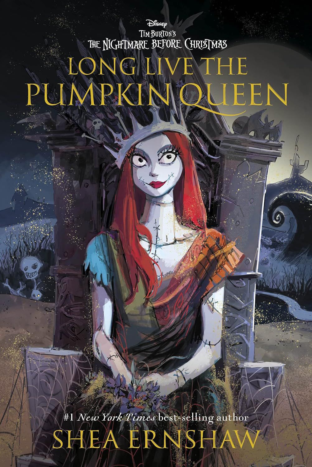 Sally from The Nightmare Before Christmas sitss in a tomb-stone-like throne wearing a crown on the cover of Long Live the Pumpkin Queen by Shea Ernshaw