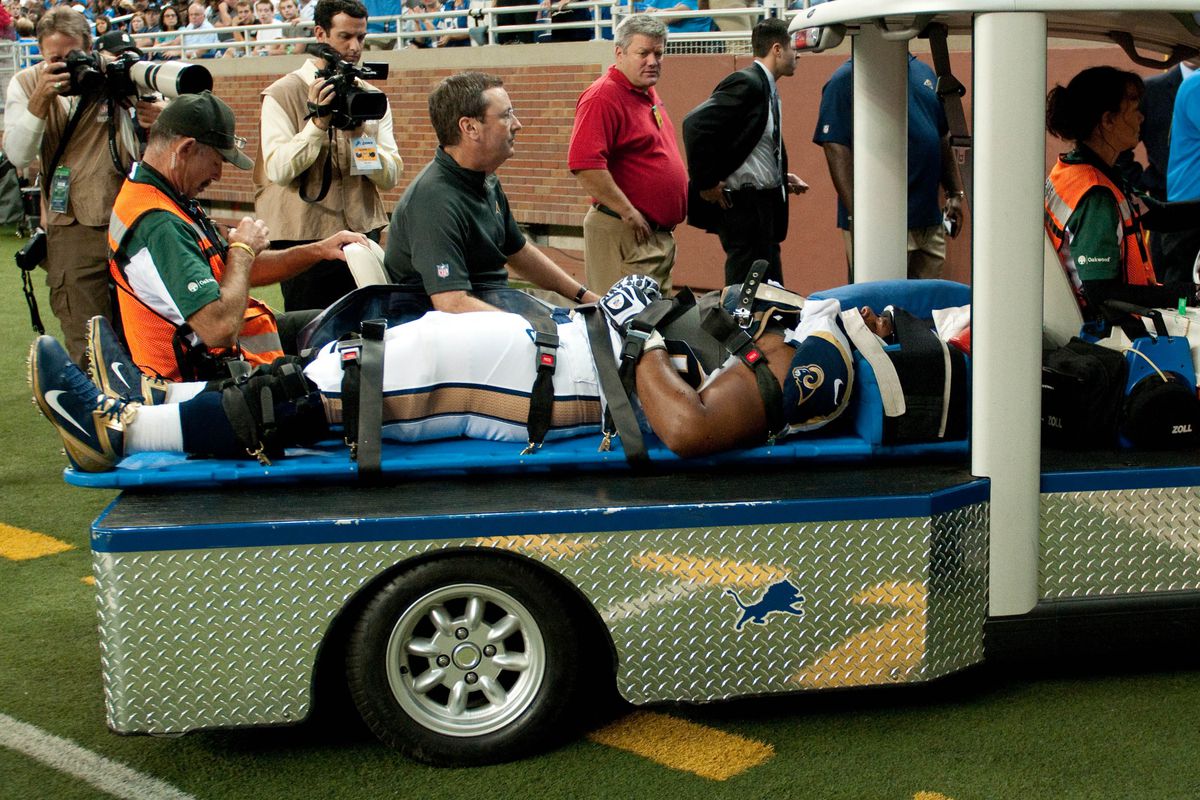 Sep 9, 2012; Detroit, MI, USA; St. Louis Rams offensive tackle Rodger Saffold (76) is taken off the field on a cart during the forth quarter against the Detroit Lions at Ford Field. Mandatory Credit: Tim Fuller-US PRESSWIRE