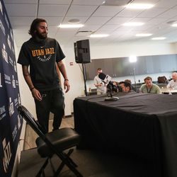 Utah Jazz guard Ricky Rubio arrives to talk to journalists at the Zions Bank Basketball Center in Salt Lake City on Wednesday, May 9, 2018.