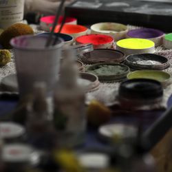 Colorful makeup fills a table at Fear Factory in Salt Lake City on Tuesday, Oct. 16, 2018.