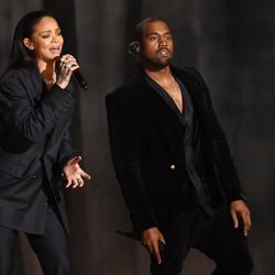 Rihanna, left, and Kanye West perform at the 57th annual Grammy Awards on Sunday, Feb. 8, 2015, in Los Angeles. 