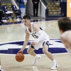 BYU guard Alex Barcello (13) dribbles during the Cougars’ 87-71 victory over Texas Southern at the Marriott Center in Provo on Monday, Dec. 21, 2020.