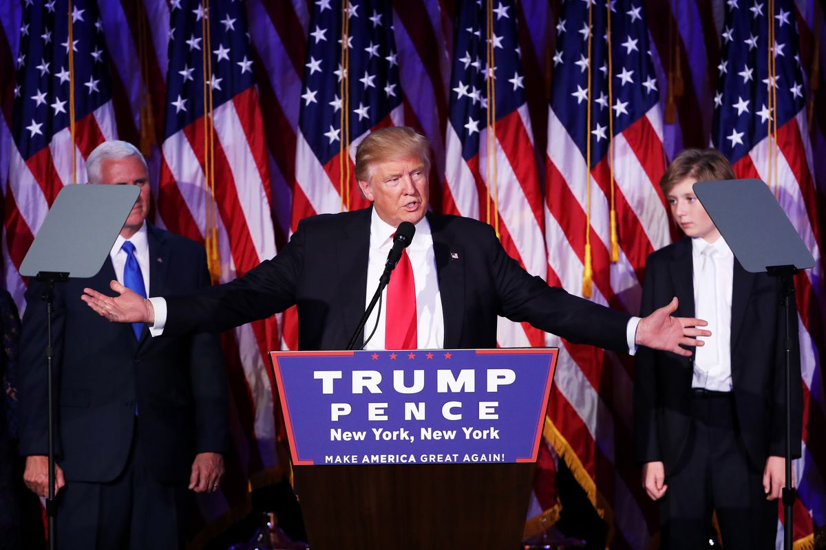 Republican president-elect Donald Trump delivers his acceptance speech during his election night event at the New York Hilton Midtown in the early morning hours of November 9, 2016 in New York City. 