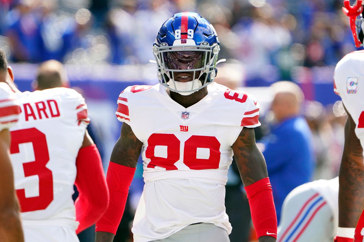 New York Giants wide receiver Kadarius Toney (89) on the field before the first half against the Los Angeles Rams at MetLife Stadium on Sunday, Oct. 17, 2021, in East Rutherford. Nyg Vs Lar