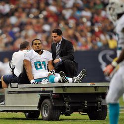 Aug 17, 2013; Houston, TX, USA; Miami Dolphins tight end Dustin Keller (81) is carted off the field with an injury during the first half against the Houston Texans at Reliant Stadium.