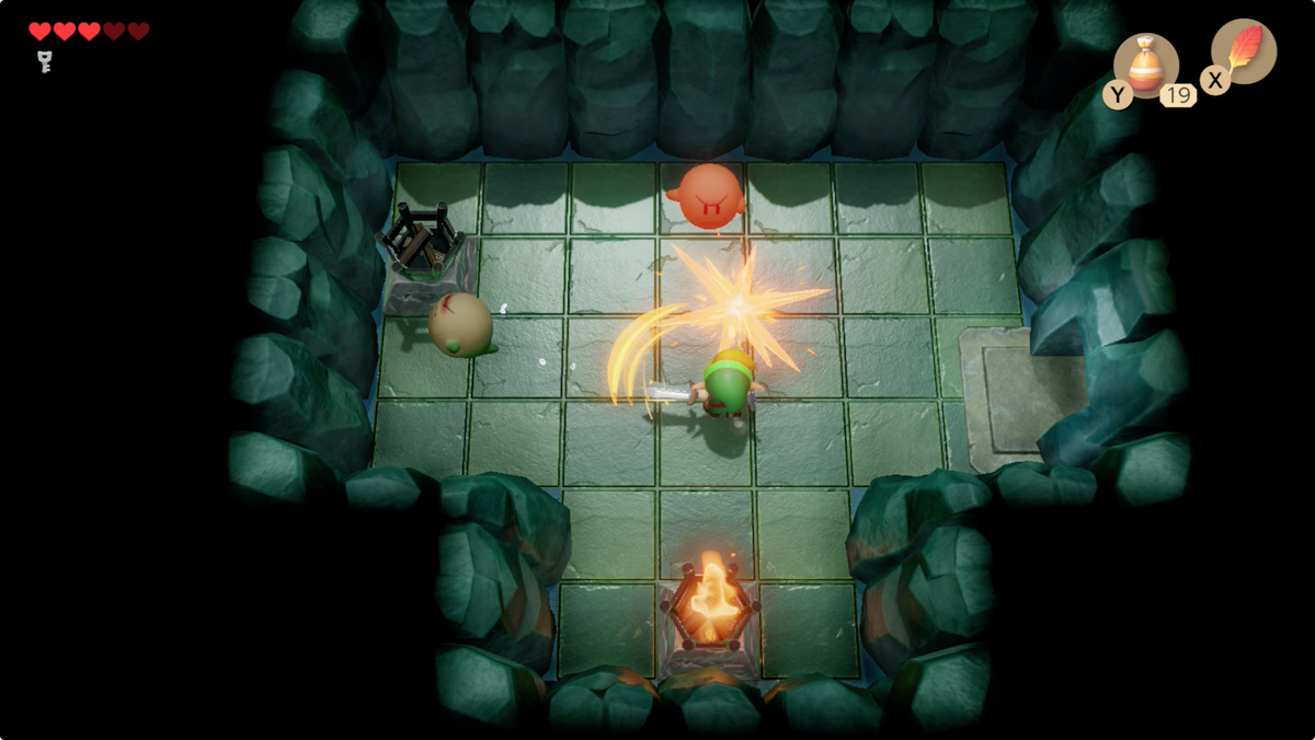 Link’s Awakening Bottle Grotto defeating Boos by lighting braziers with Magic Powder