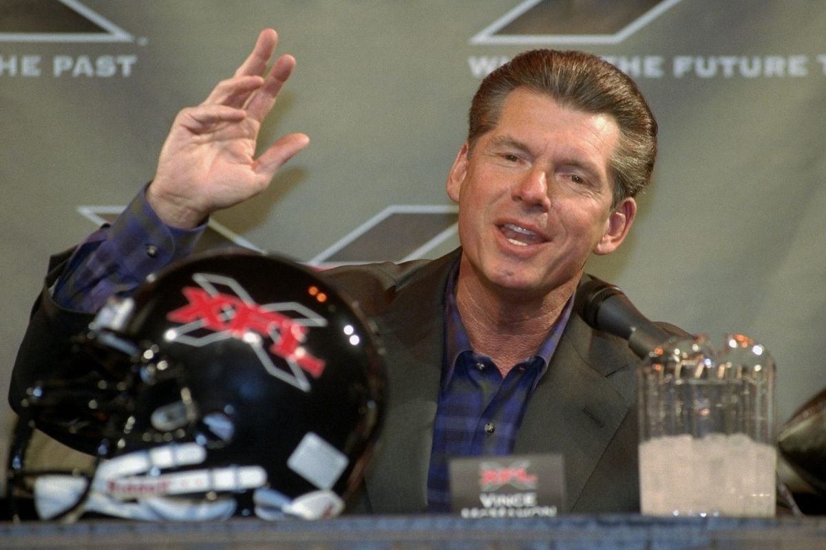 World Wrestling Federation chairman Vince McMahon speaks to the media to announce the creation of the XFL, a new professional football league.