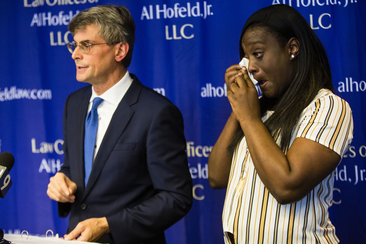 Attorney Al Hofeld, Jr. speaks during a news conference with Crystal Worship, the mother of 12-year-old Amir Worship, who was shot by SWAT officers during an early morning raid of their Markham home, Thursday, August 8, 2019.