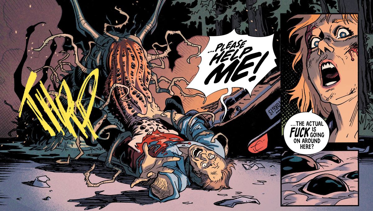 A terrible insectoid monster is devouring a screaming man alive. “...the actual FUCK is going on around here?” yells a woman. The “fuck” in her word bubble is twice as high as the other letters, in Beyond the Breach #1 (2021). 