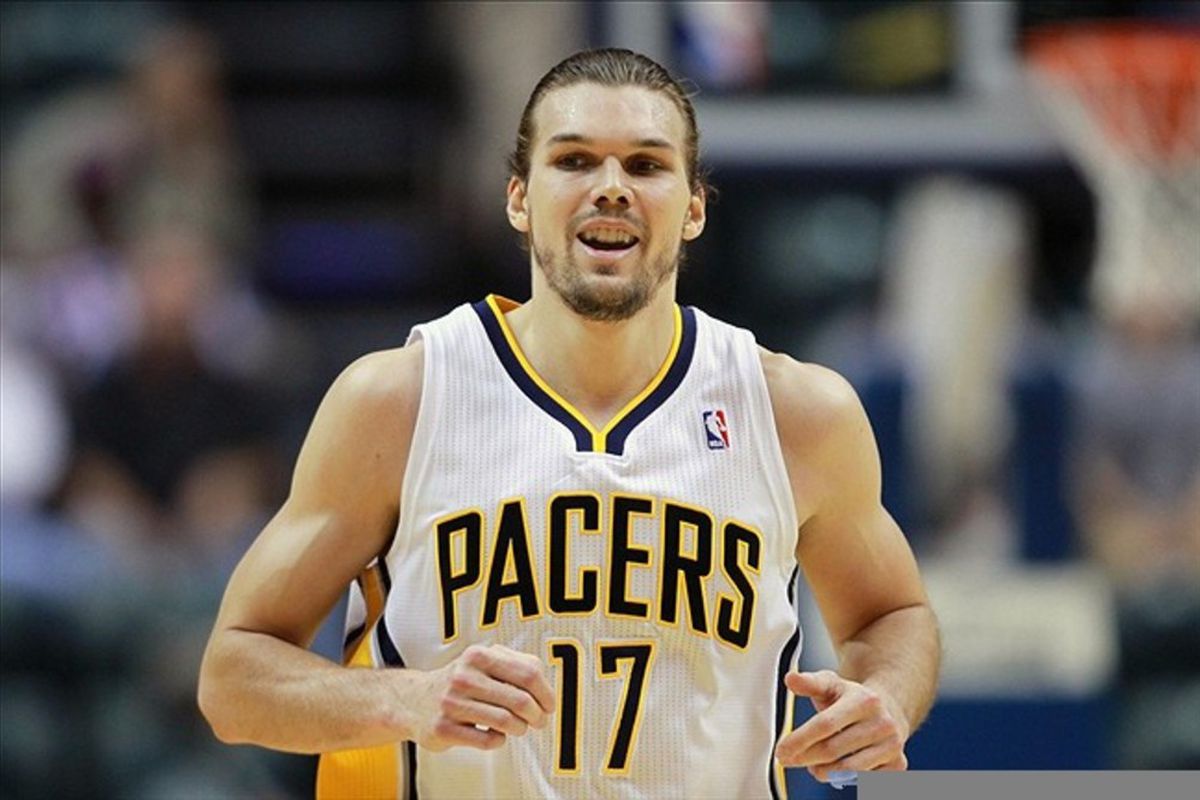 March 13, 2012; Indianapolis, IN, USA; Indiana Pacers center Louis Amundson (17) runs up the court against the Portland Trail Blazers at Bankers Life Fieldhouse. Indiana defeated Portland 92-75. Mandatory credit: Michael Hickey-US PRESSWIRE
