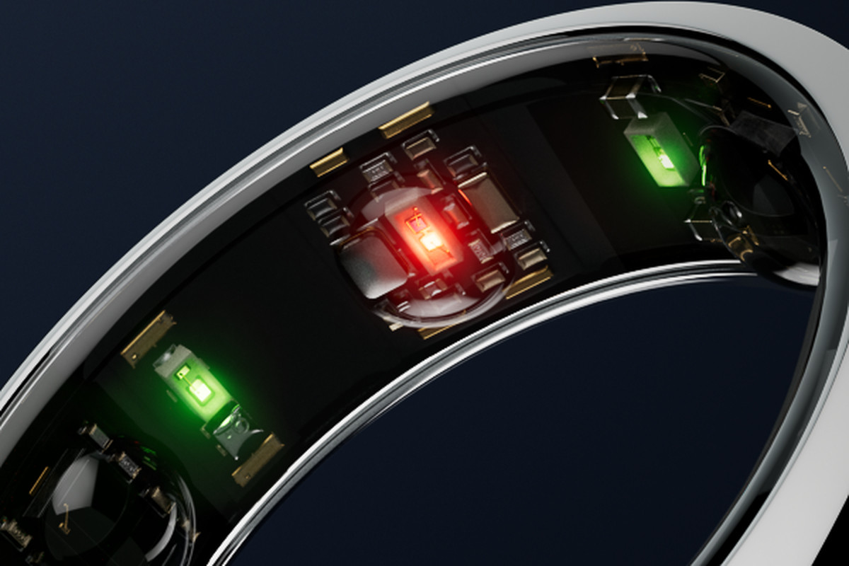Inside of the Oura ring, showing red and green LED lights.