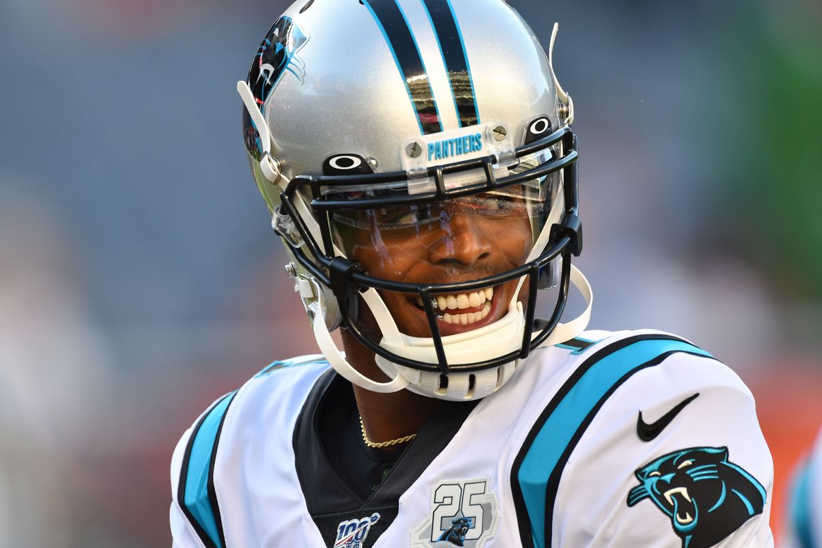 Carolina Panthers quarterback Cam Newton (1) smiles during warmups before the game against the Chicago Bears at Soldier Field.&nbsp;
