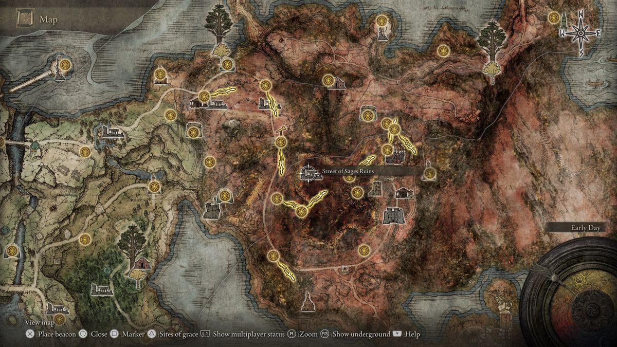 The Elden Ring map, showing the location of the Rue des Sages Ruins in Caelid.