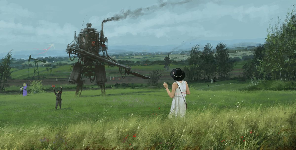 A young man steps from his gigantic, greasy, diesel-belching mech holding a bouquet of red flowers. In the foreground a young woman stands in a white dress.