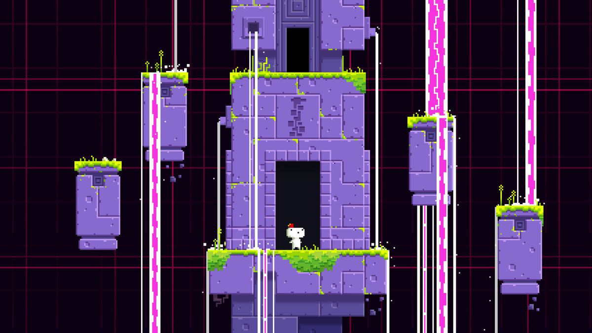 Gomez, a small pixelated figure, emerges from a door in a purple monolith in Fez. Around him other stones float with waterfalls cascading from them.