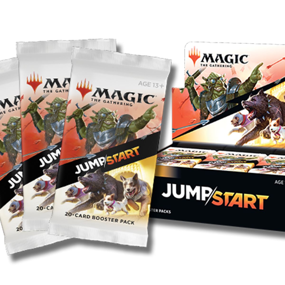 Packs of Jumpstart cards will feature dogs and orcs on the pack art. The graphic design, which splits the two factions with the Jumpstart name, emphasizes that you need 2 packs to play.