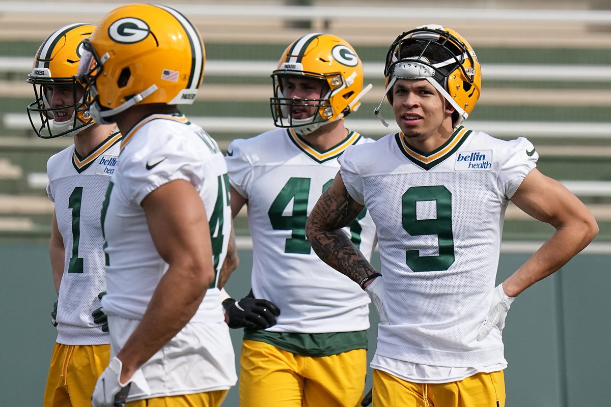 Christian Watson (9) is shown during Green Bay Packers rookie camp&nbsp;