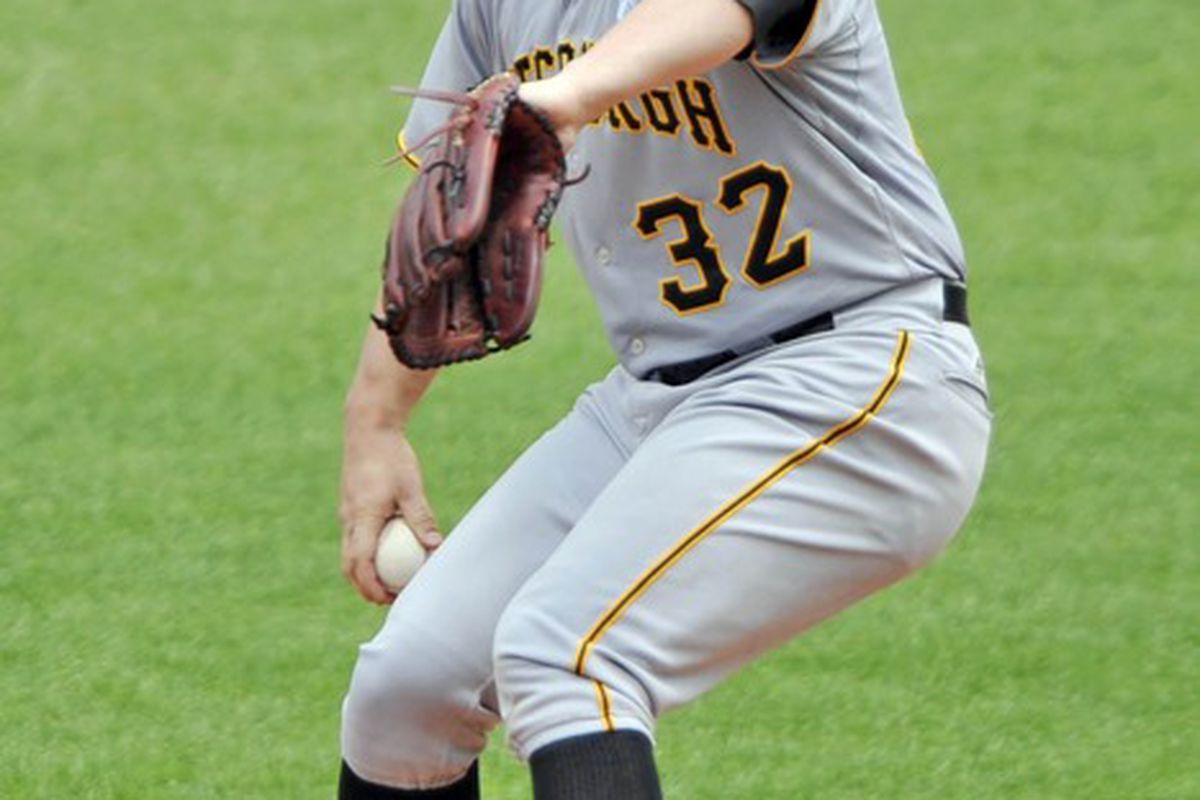 June 17, 2012; Cleveland, OH, USA; Pittsburgh Pirates relief pitcher Brad Lincoln (32) delivers in the third inning against the Cleveland Indians at Progressive Field. Mandatory Credit: David Richard-US PRESSWIRE