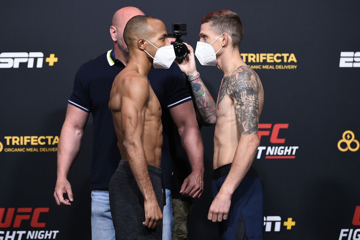 Opponents Jordan Espinosa and David Dvorak face off during the UFC Fight Night weigh-in at UFC APEX on September 18, 2020 in Las Vegas, Nevada.