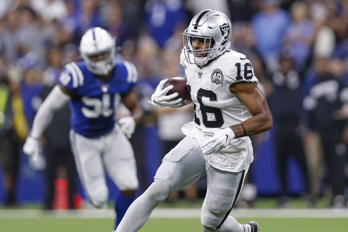 Tyrell Williams of the Oakland Raiders runs the ball during the game against the Indianapolis Colts at Lucas Oil Stadium on September 29, 2019 in Indianapolis, Indiana.
