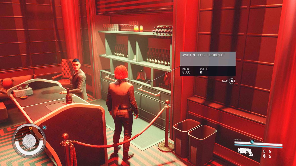 A Crimson Fleet member stares at evidence behind a bar during the Burden of Proof mission in Starfield.