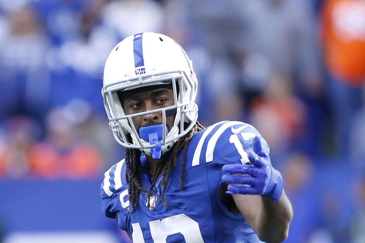 T.Y. Hilton of the Indianapolis Colts on the field in the game against the Denver Broncos at Lucas Oil Stadium on October 27, 2019 in Indianapolis, Indiana.
