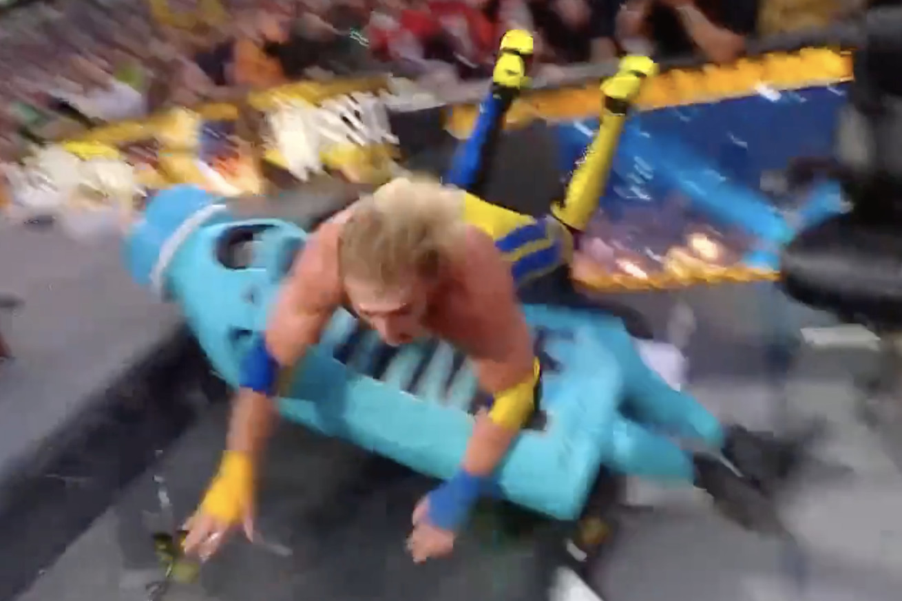 Video: Logan Paul ‘accidentally’ lands insane flying frog splash on KSI at WrestleMania 39
