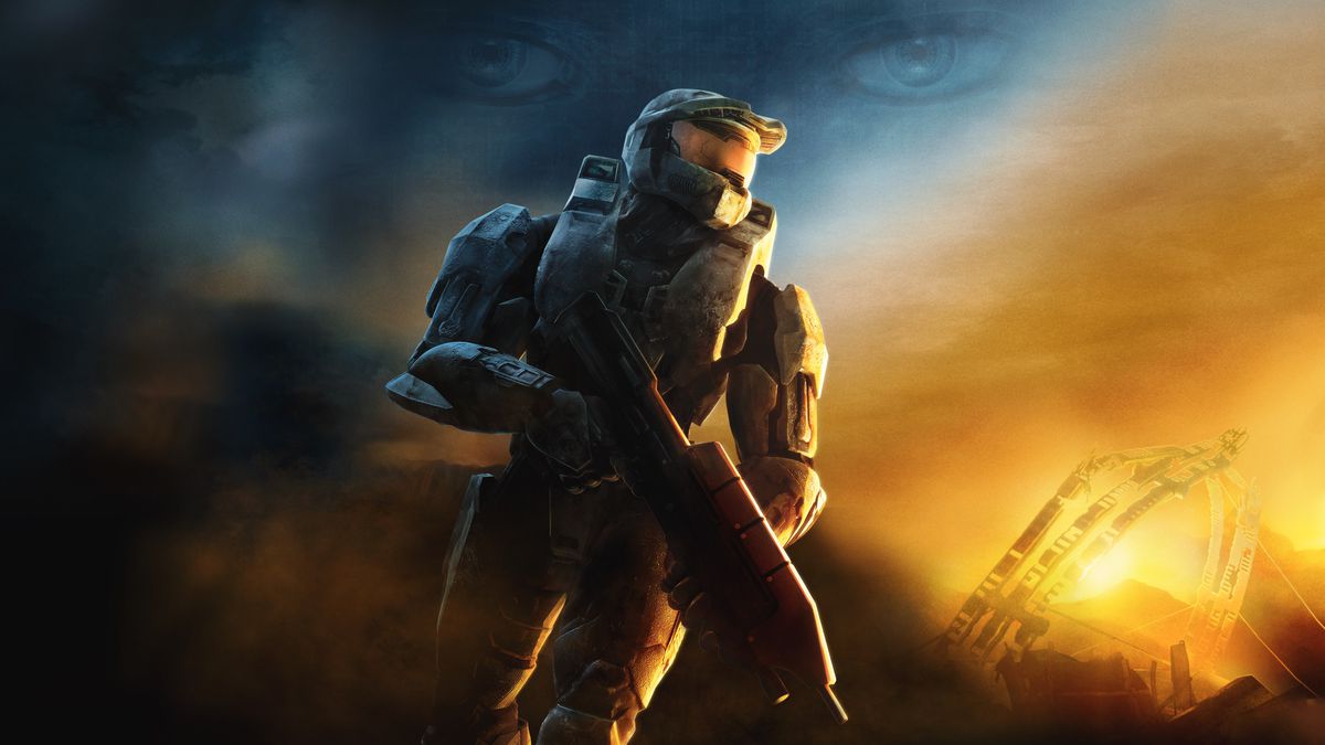 Master Chief stands in front of a background, with Cortana’s eyes looming