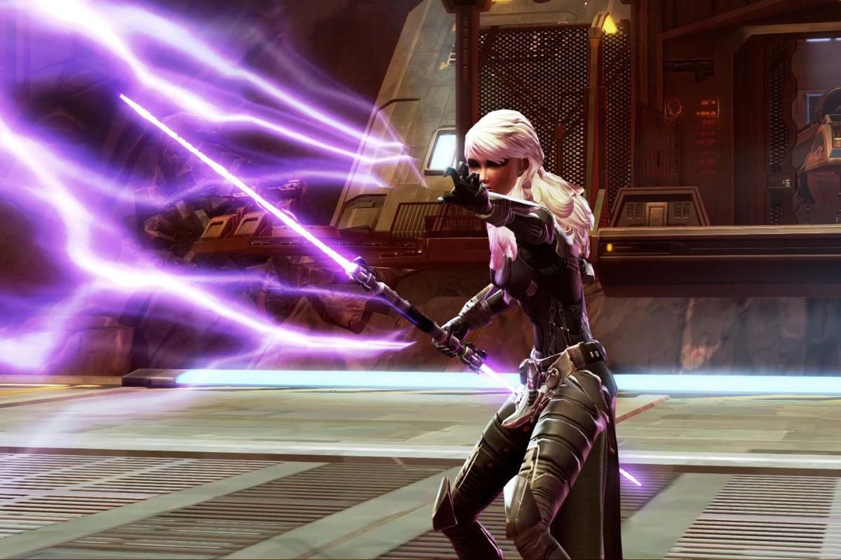 Star Wars: The Old Republic - A female Sith with long white hair and a purple lightsaber shoots Force lightning from her fingertips.