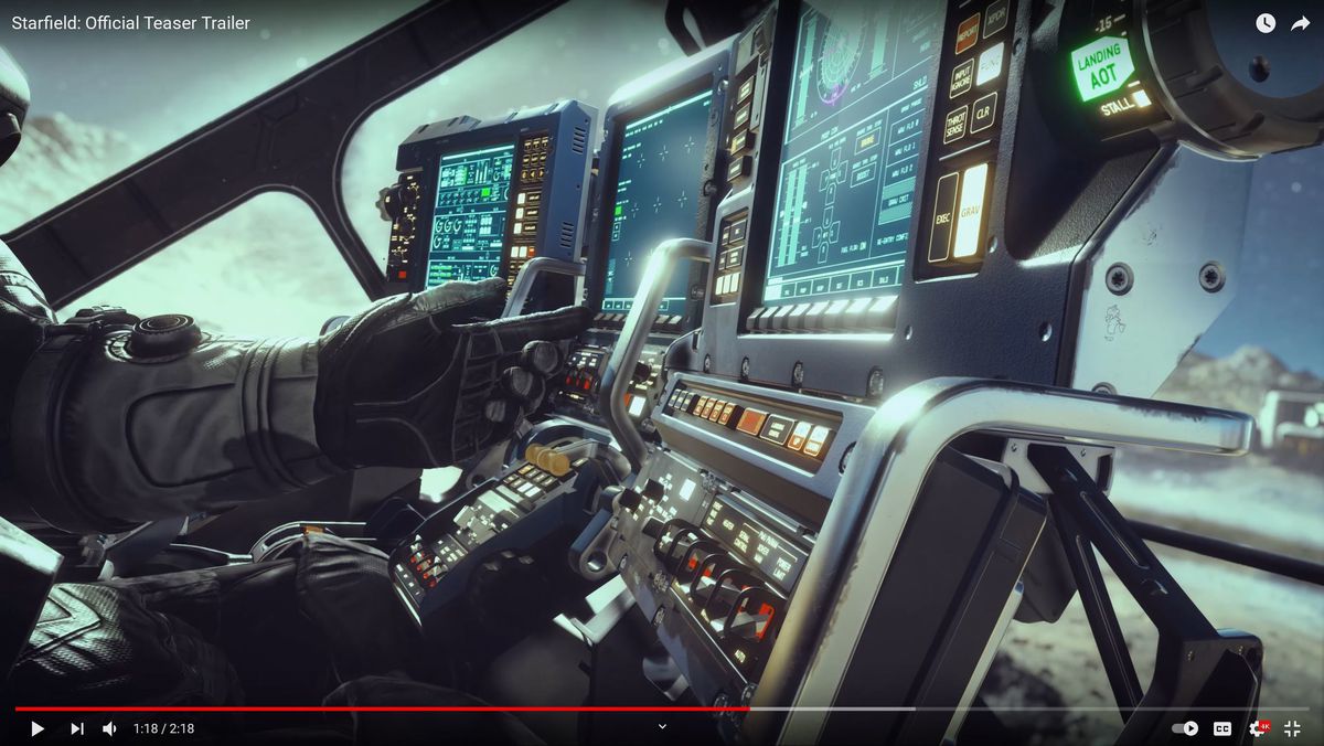A still from the Starfield trailer showing a dashboard terminal