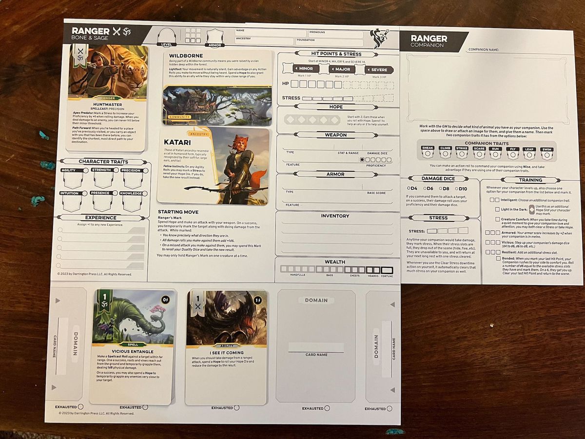 A modular character sheet, with a wing on the right-hand side for combat and a field at the bottom for conditions.