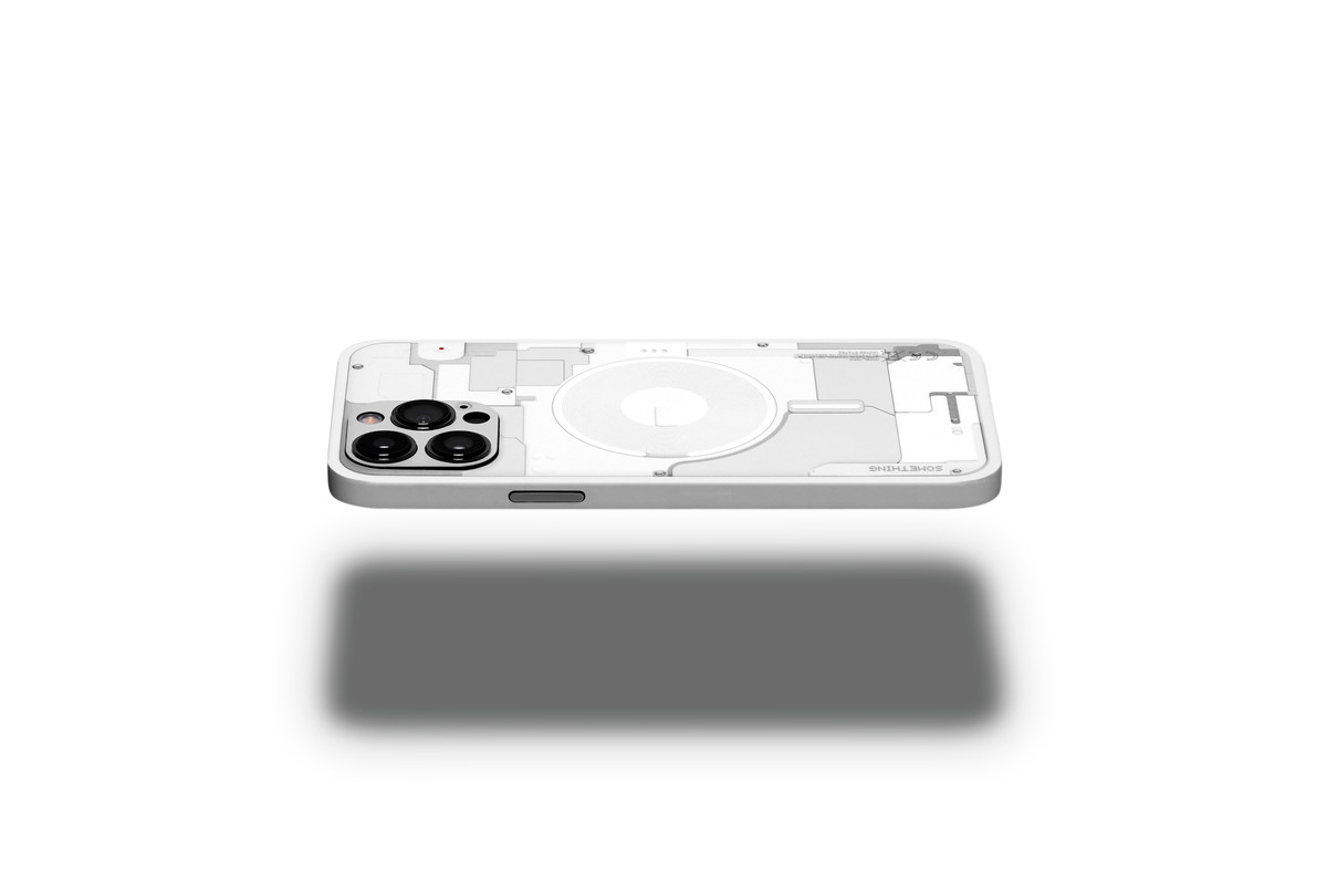 An iPhone floats on a white void, the rear is tilted towards the viewer and you can see the details of the internals of the iPhone, but in white geometric shapes, similar to the nothing phone design.