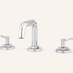 Sleek widespread/ SIGNATURE HARDWARE: Classic polished nickel brightens a spigot and taps with an industrial modern look. Gunther Widespread Faucet, $369; signaturehardware.com 