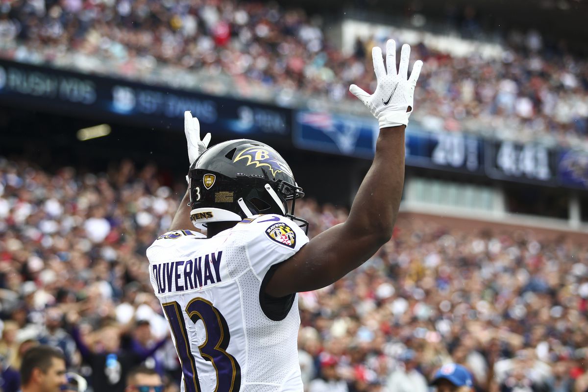 Wide receiver Devin Duvernay #13 of the Baltimore Ravens celebrates after catching a touchdown during the third quarter against the New England Patriots at Gillette Stadium on September 25, 2022 in Foxborough, Massachusetts.
