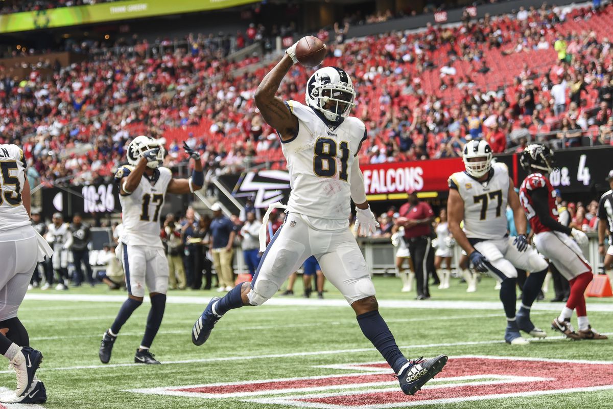 Los Angeles Rams tight end Gerald Everett reacts after scoring a touchdown against the Atlanta Falcons during the second half at Mercedes-Benz Stadium.