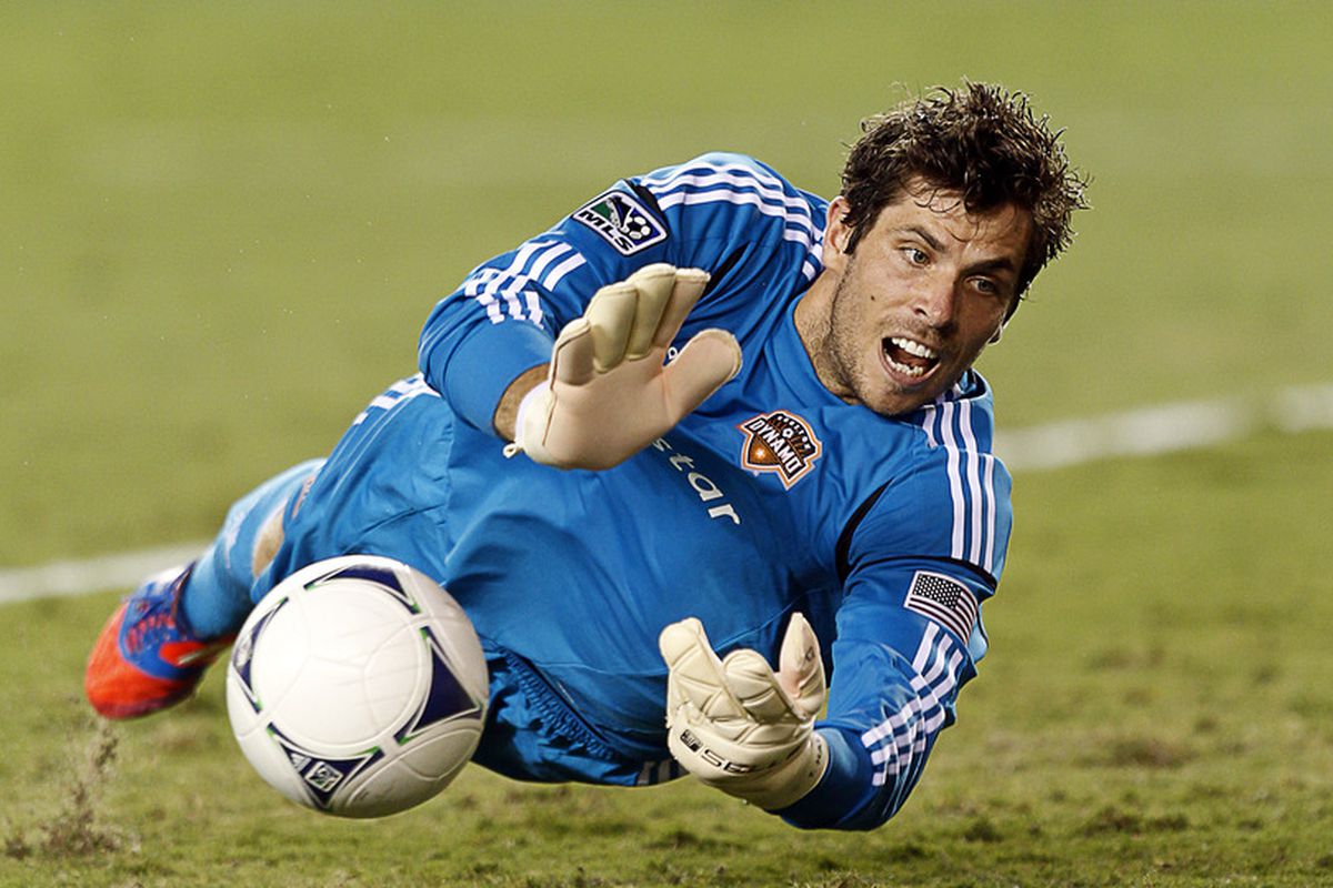 HOUSTON, TX  - JUNE 20:  Goalkeeper Tally Hall #1 of the Houston Dynamo makes a save against Toronto FC at BBVA Compass Stadium on June 20, 2012 in Houston, Texas.  (Photo by Bob Levey/Getty Images)