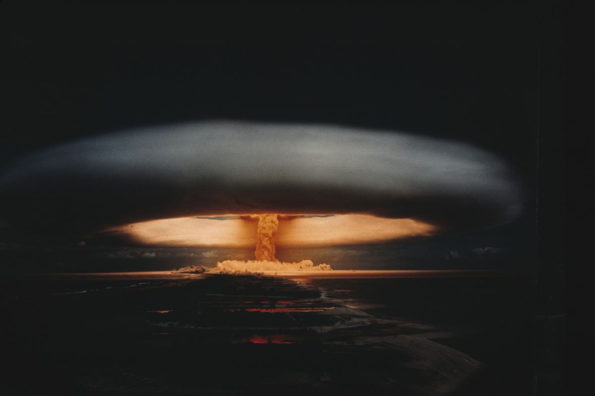 Nuclear explosion and atomic mushroom cloud. over French Polynesia