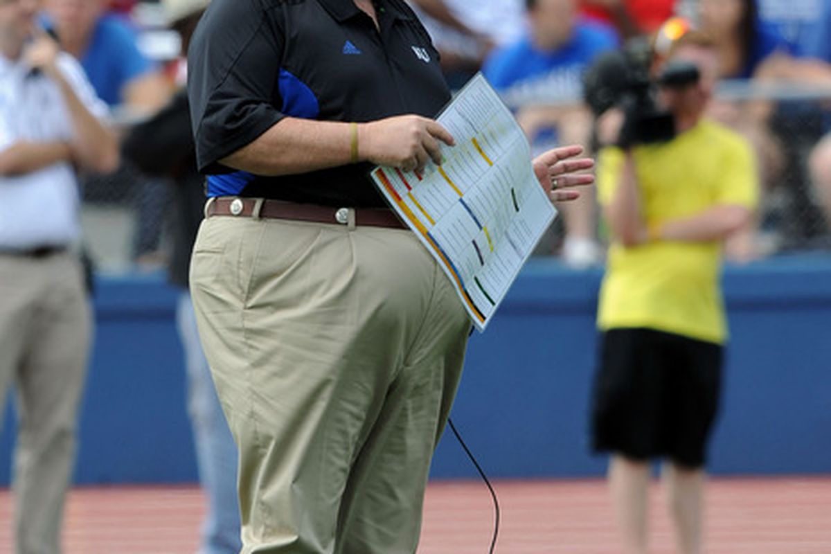 Apr 28, 2012; Lawrence, KS, USA; Kansas Jayhawks head coach Charlie Weis watches during the first half of the Spring Game at Memorial Stadium. Mandatory Credit: John Rieger-US PRESSWIRE