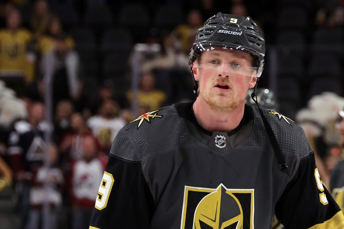 Jack Eichel #9 of the Vegas Golden Knights warms up before playing in his first game with Vegas against the Colorado Avalanche at T-Mobile Arena on February 16, 2022 in Las Vegas, Nevada.