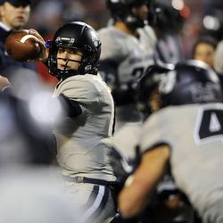 Utah State Aggies quarterback Darell Garretson (6) delivers a pass during warm-ups before the Mountain West football championship game at Bulldog Stadium in Fresno, Calif., on Saturday, Dec. 7, 2013.