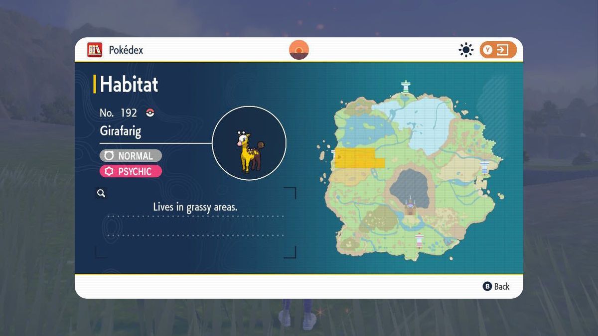A screenshot of Pokémon Scarlet and Violet’s map. Girafarig’s habitat is highlighted on the map.