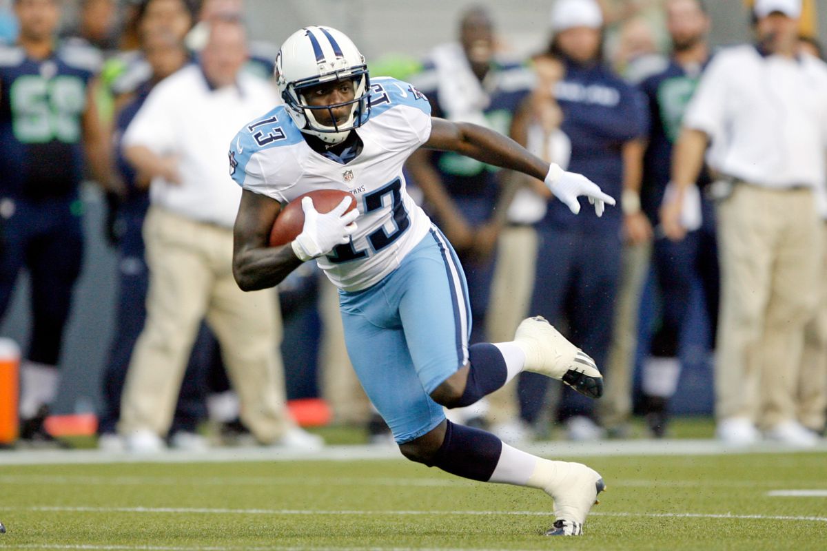 Aug 11, 2012; Seattle, WA, USA; NFL: Tennessee Titans wide receiver Kendall Wright (13) turns up field after making a catch in the second quarter at CenturyLink Field. Mandatory Credit: Joe Nicholson-US PRESSWIRE