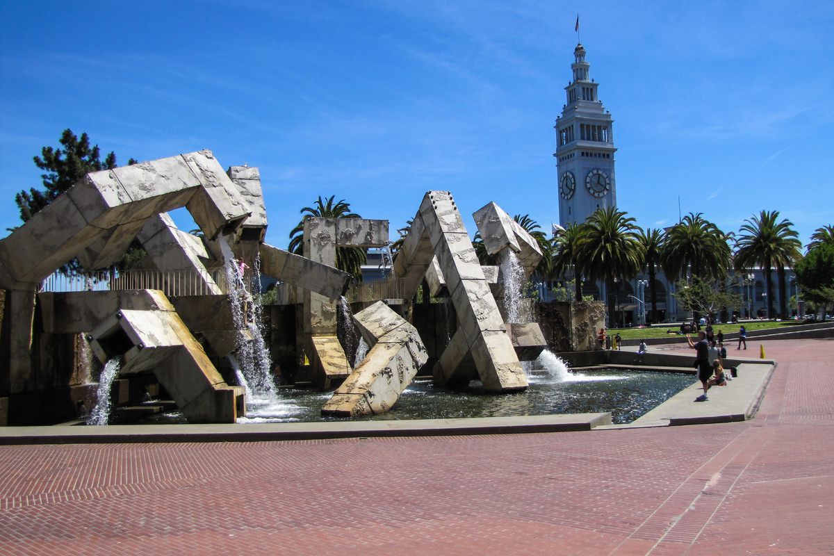 Justin Herman Plaza with the Ferry Building clock tower in the background.