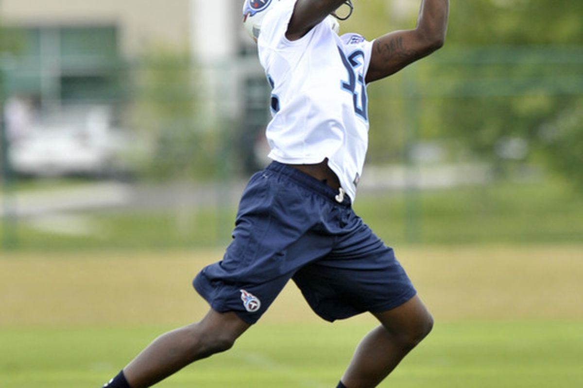 June 1, 2012; Nashville, TN, USA; Tennessee Titans wide receiver Kendall Wright (13) leaps to catch a pass during OTA Titans training facility at Baptist Sports Park. Mandatory Credit: Jim Brown-US PRESSWIRE