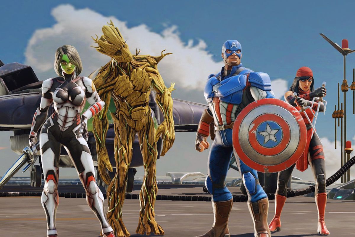 Gamora, Groot and Captain America in Marvel Strike Force