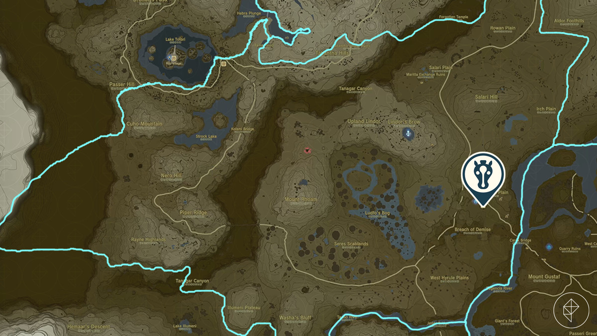 A map showing New Serenne Stable on the Legend of Zelda: Tears of the Kingdom map. The stable is near the Breach of Demise, in the Lindor’s Brow region.
