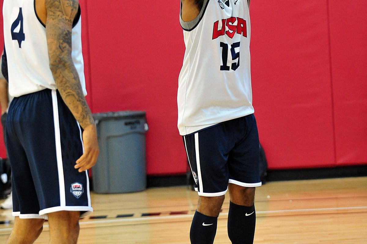 July 11, 2012; Las Vegas, NV, USA; Team USA forward Carmelo Anthony (left) and center Tyson Chandler during practice at the UNLV Mendenhall Center. Mandatory Credit: Gary A. Vasquez-US PRESSWIRE