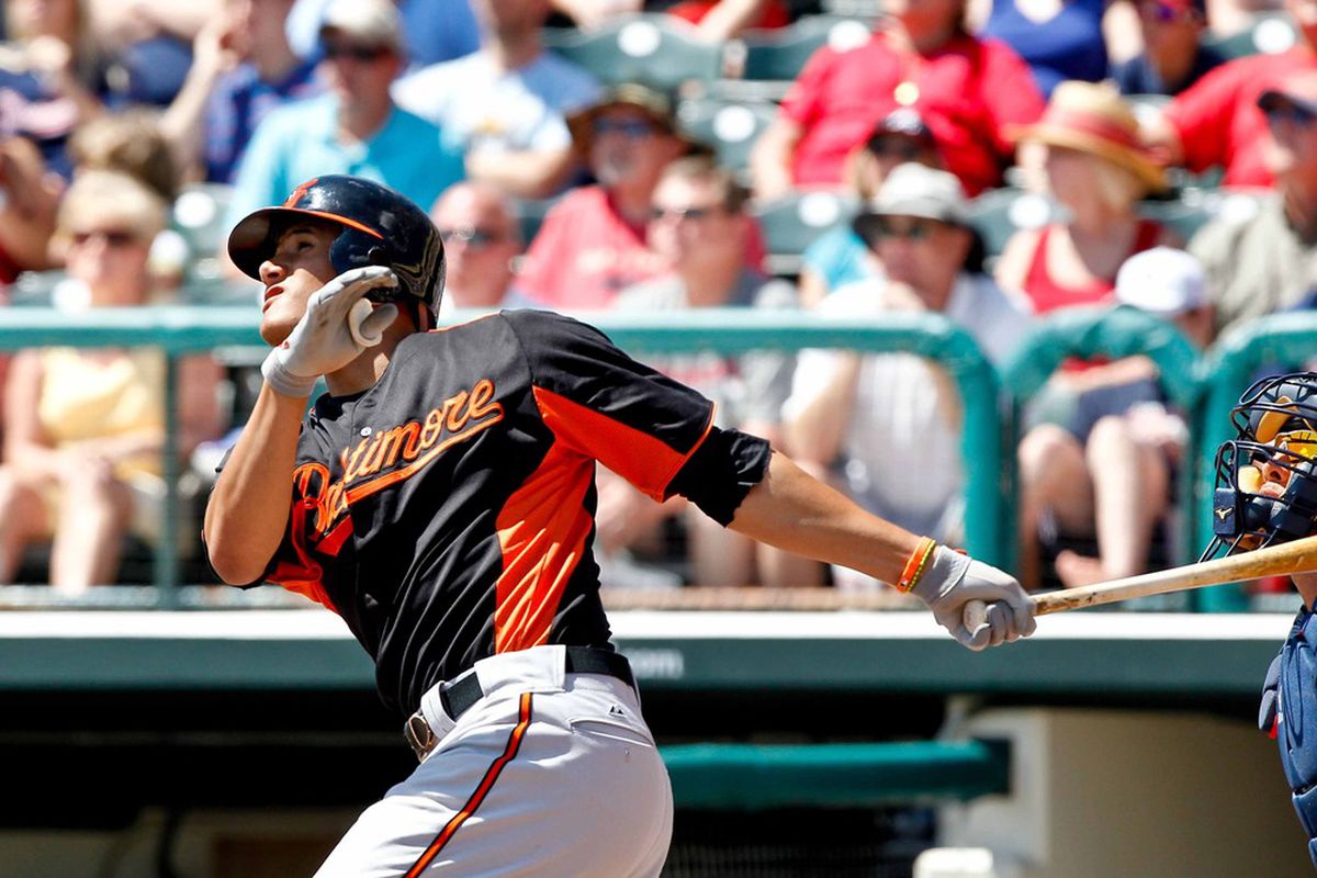March 18, 2012; Lake Buena Vista, FL, USA; Baltimore Orioles shortstop Manny Machado (85) during a spring training game against the Atlanta Braves at Disney Wide World of Sports complex. Mandatory Credit: Derick E. Hingle-US PRESSWIRE